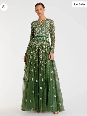new Mac Duggal Green Embellished High Neck Long Sleeve A Line Gown - sage floral